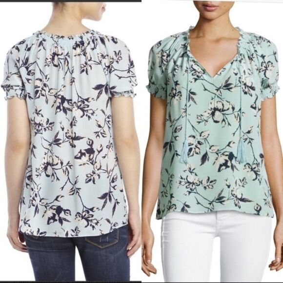 Joie Masha Mint Green Floral Silk Peasant Blouse Short Sleeve Sz S - Picture 1 of 8